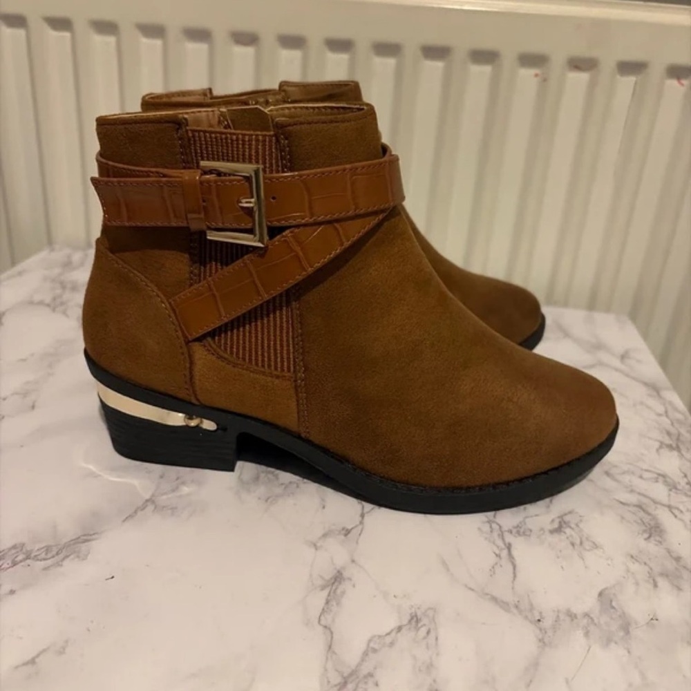 Boots Tan Ankle Booties with Strap Detail